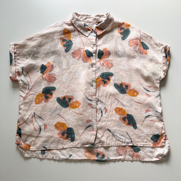 Rachel Zoe 100%‎ Linen Floral Print Button Up Shirt Size Medium Blouse Top Peach - Picture 7 of 16